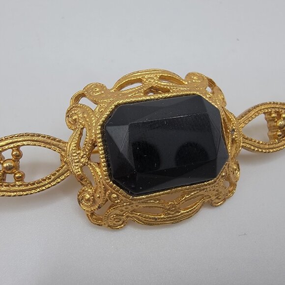 Vintage Gold Tone Art Deco Style Faux Black‎ Onyx Center Bar Style Pin Brooch - Picture 2 of 3